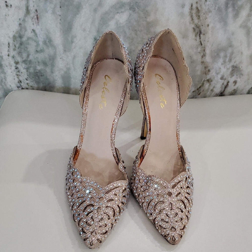 Celeste Gold Heels with Elegant Laser-Cut Design Sz 7 Wedding Graduation.